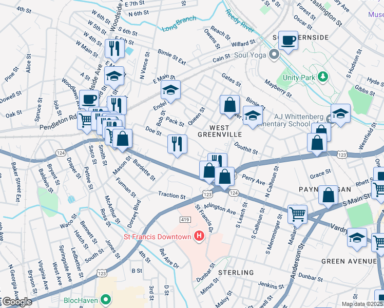 map of restaurants, bars, coffee shops, grocery stores, and more near 436 Perry Avenue in Greenville