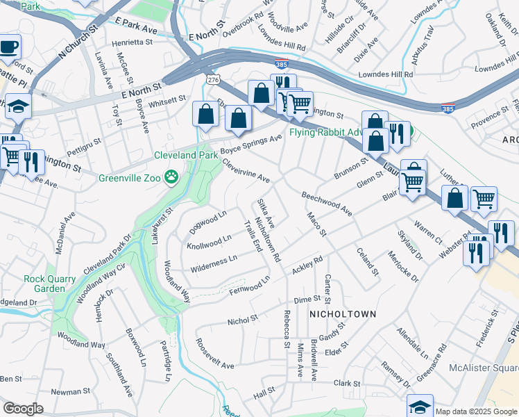 map of restaurants, bars, coffee shops, grocery stores, and more near 6 Sitka Avenue in Greenville