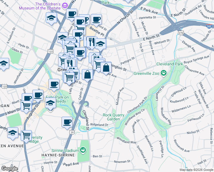 map of restaurants, bars, coffee shops, grocery stores, and more near 23 Station Court in Greenville