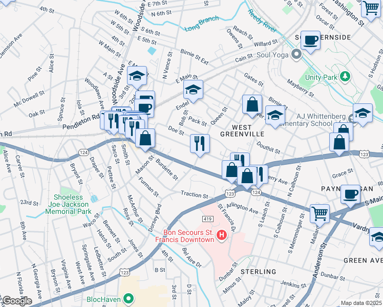 map of restaurants, bars, coffee shops, grocery stores, and more near 501 Perry Avenue in Greenville