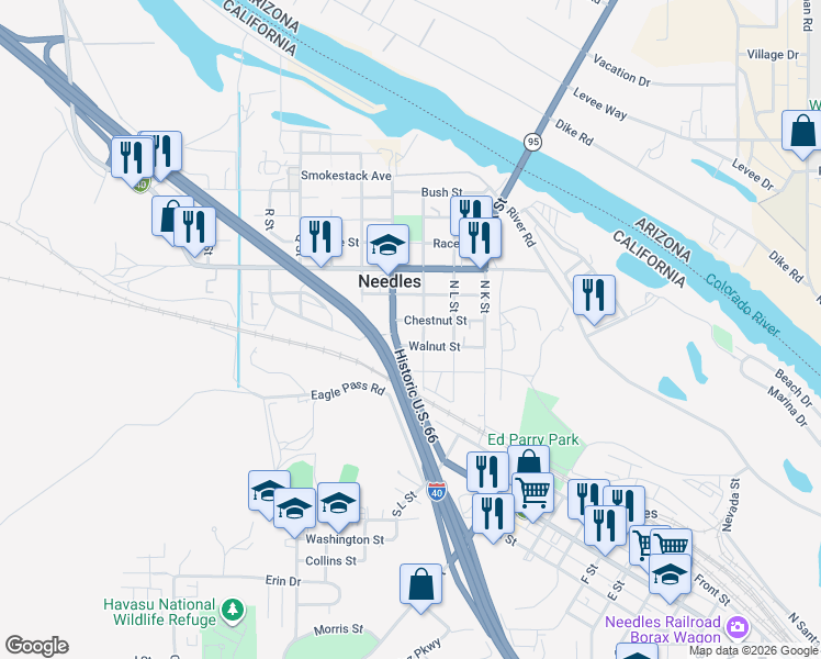 map of restaurants, bars, coffee shops, grocery stores, and more near 333 Chestnut Street in Needles