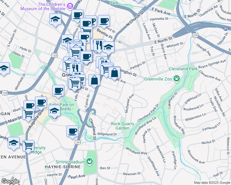 map of restaurants, bars, coffee shops, grocery stores, and more near 23 Station Court in Greenville