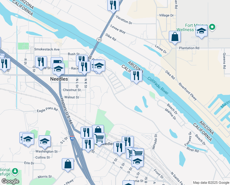 map of restaurants, bars, coffee shops, grocery stores, and more near 110 Marina Drive in Needles