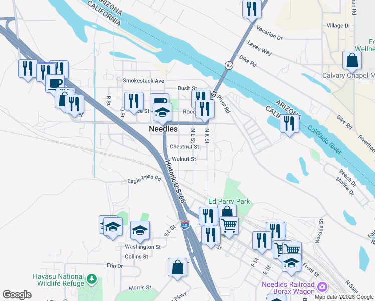map of restaurants, bars, coffee shops, grocery stores, and more near 211 Chestnut Street in Needles