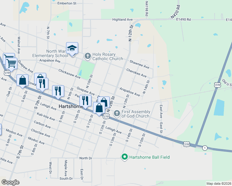 map of restaurants, bars, coffee shops, grocery stores, and more near 400 North 12th Street in Hartshorne