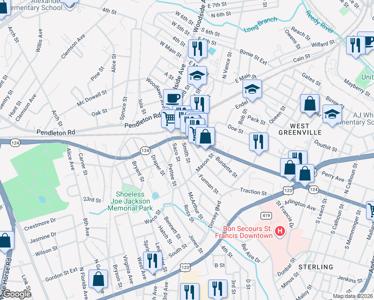map of restaurants, bars, coffee shops, grocery stores, and more near 6 Smith Street in Greenville