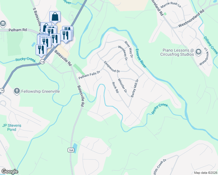 map of restaurants, bars, coffee shops, grocery stores, and more near 26 Shadetree Court in Greer