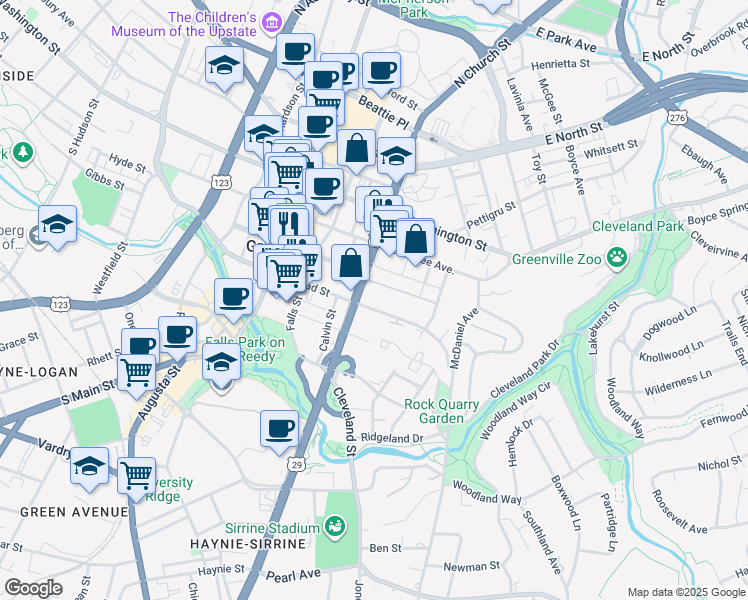 map of restaurants, bars, coffee shops, grocery stores, and more near 213 East Broad Street in Greenville
