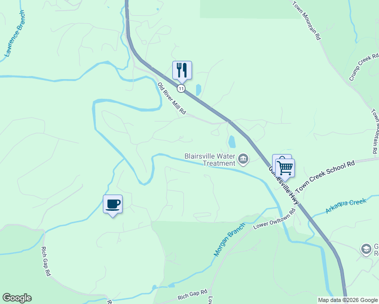 map of restaurants, bars, coffee shops, grocery stores, and more near 174 Holly Drive in Blairsville