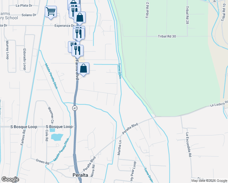map of restaurants, bars, coffee shops, grocery stores, and more near 430 Abo Road in Bosque Farms