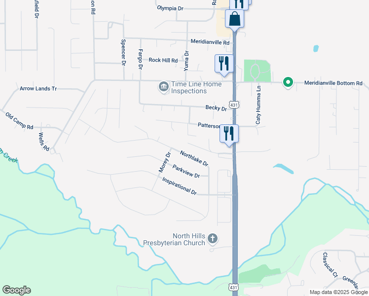 map of restaurants, bars, coffee shops, grocery stores, and more near 329 Northlake Drive in Meridianville