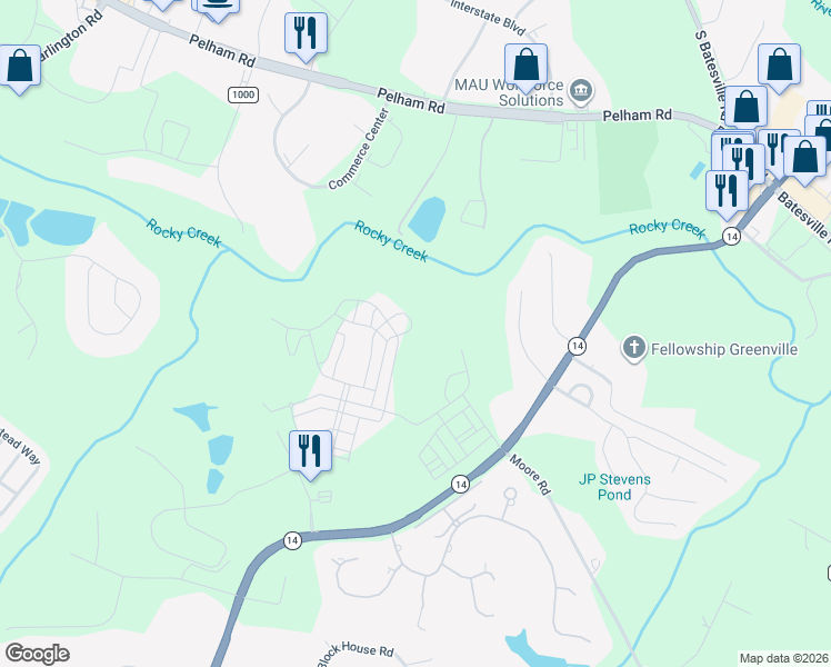 map of restaurants, bars, coffee shops, grocery stores, and more near 113 Bratton Drive in Greenville