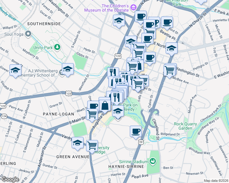 map of restaurants, bars, coffee shops, grocery stores, and more near 201 Riverplace in Greenville
