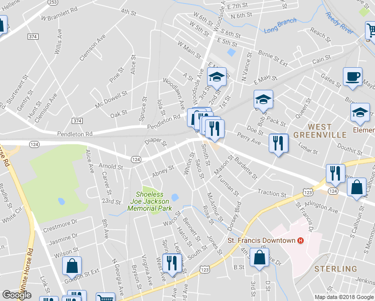 map of restaurants, bars, coffee shops, grocery stores, and more near 3 Kitson Street in Greenville