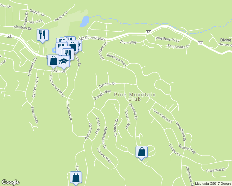 map of restaurants, bars, coffee shops, grocery stores, and more near 15824 Zurich Way in Pine Mountain Club