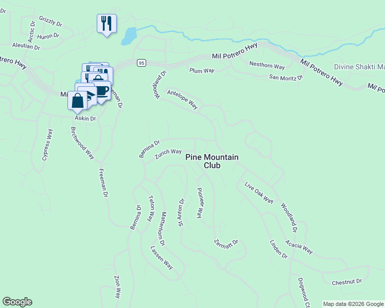 map of restaurants, bars, coffee shops, grocery stores, and more near 15808 Zurich Way in Pine Mountain Club