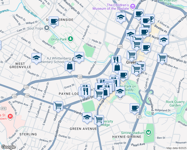 map of restaurants, bars, coffee shops, grocery stores, and more near 460 South Academy Street in Greenville