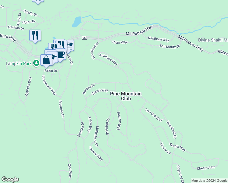 map of restaurants, bars, coffee shops, grocery stores, and more near 15808 Zurich Way in Pine Mountain Club