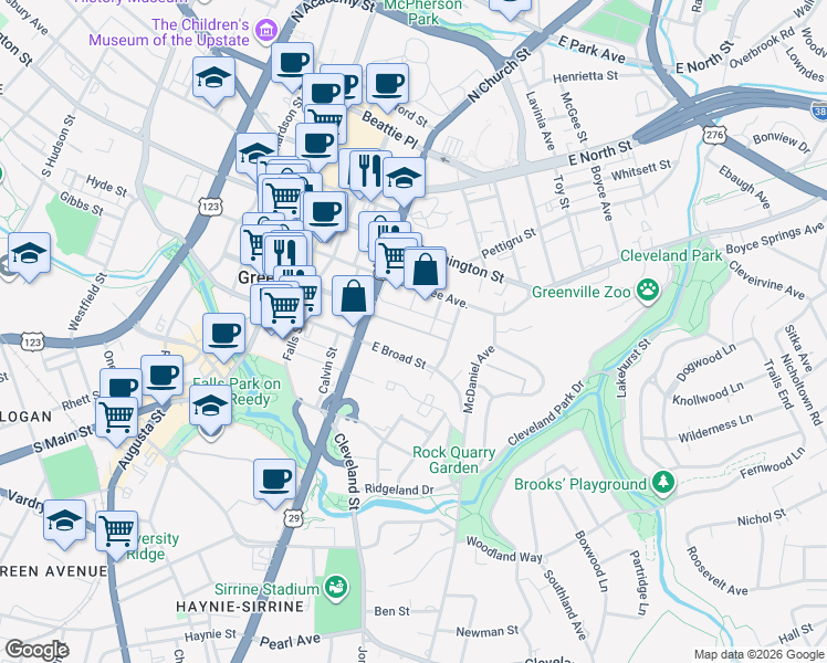 map of restaurants, bars, coffee shops, grocery stores, and more near 27 Station Court in Greenville