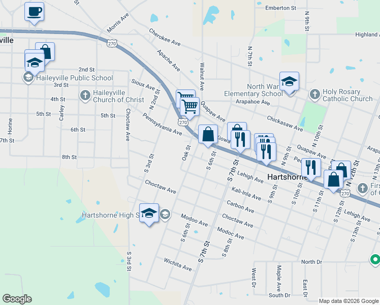map of restaurants, bars, coffee shops, grocery stores, and more near Lehigh Ave in Hartshorne