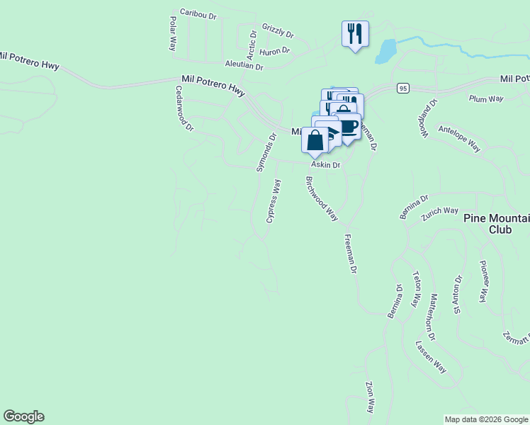 map of restaurants, bars, coffee shops, grocery stores, and more near 2209 Cypress Way in Pine Mountain Club