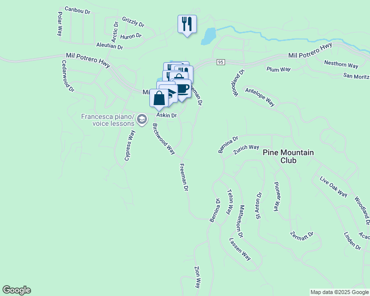 map of restaurants, bars, coffee shops, grocery stores, and more near 2204 Freeman Drive in Pine Mountain Club