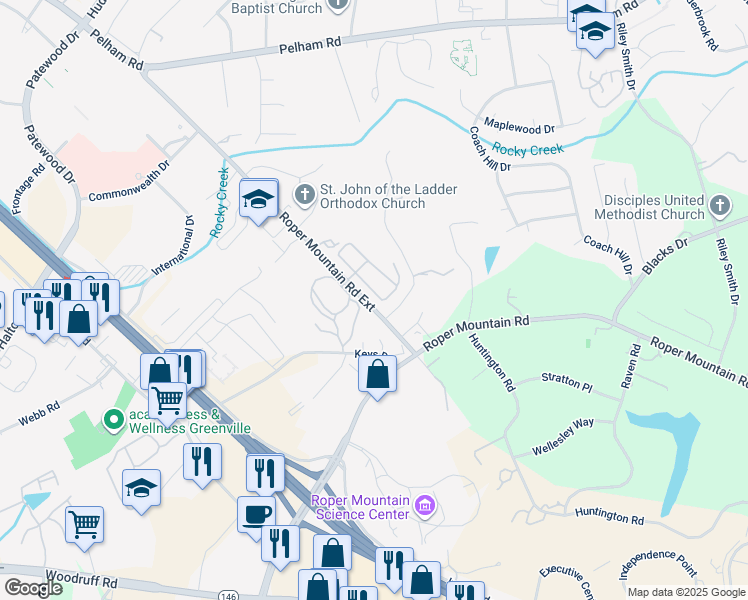 map of restaurants, bars, coffee shops, grocery stores, and more near 22 Litten Way in Greenville