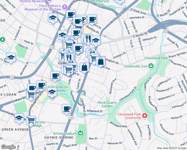 map of restaurants, bars, coffee shops, grocery stores, and more near 29 Station Court in Greenville