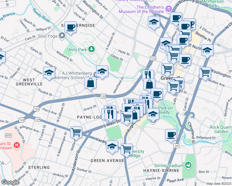 map of restaurants, bars, coffee shops, grocery stores, and more near 460 South Academy Street in Greenville