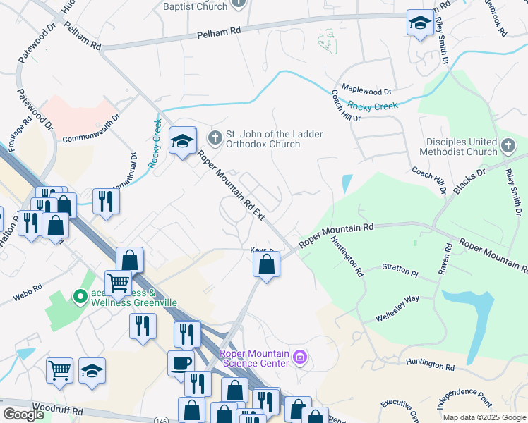 map of restaurants, bars, coffee shops, grocery stores, and more near 22 Litten Way in Greenville