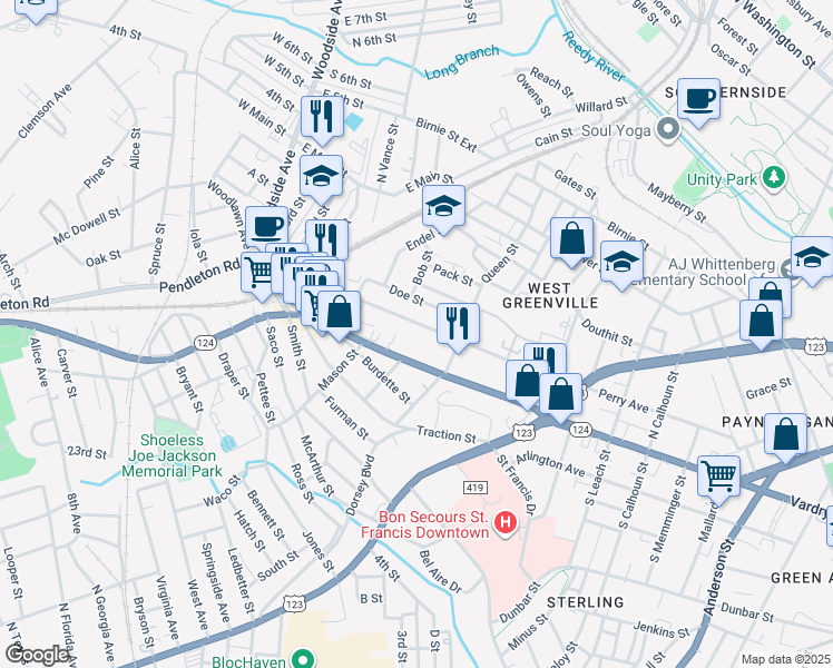 map of restaurants, bars, coffee shops, grocery stores, and more near 1178 Pendleton Street in Greenville