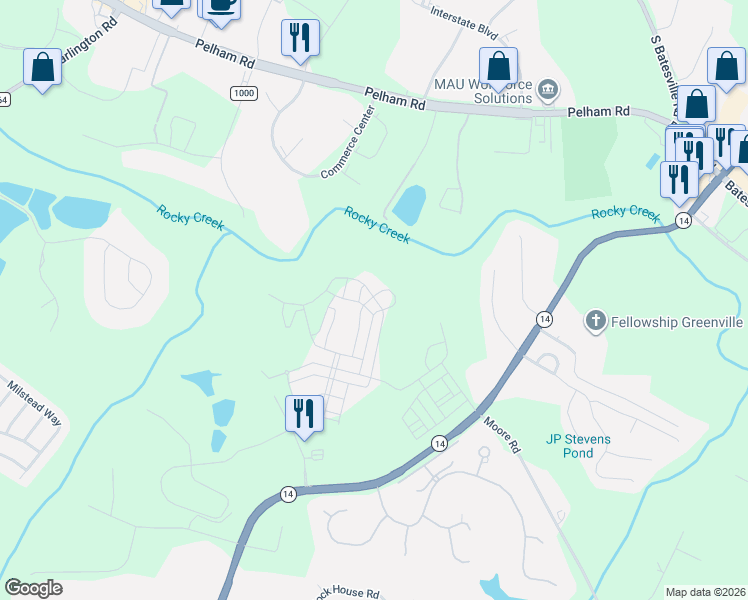 map of restaurants, bars, coffee shops, grocery stores, and more near 115 Bratton Drive in Greenville