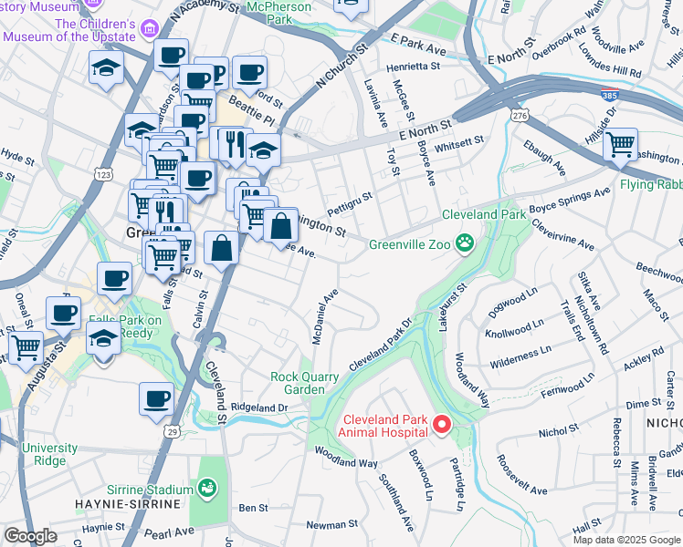 map of restaurants, bars, coffee shops, grocery stores, and more near 85 Doctor David C Francis Street in Greenville
