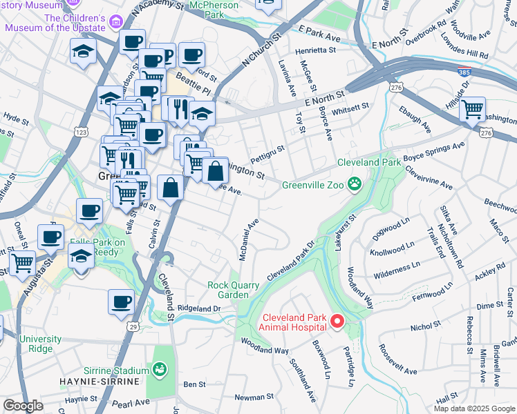map of restaurants, bars, coffee shops, grocery stores, and more near 85 Doctor David C Francis Street in Greenville