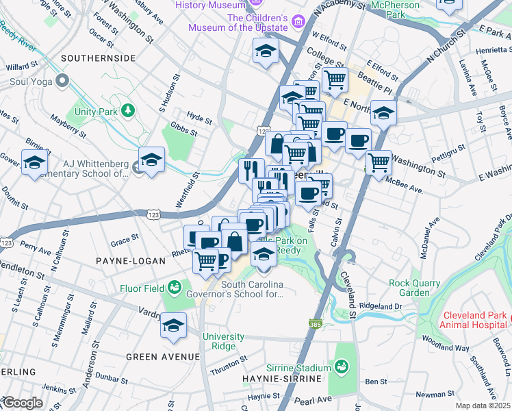 map of restaurants, bars, coffee shops, grocery stores, and more near 531 South Main Street in Greenville