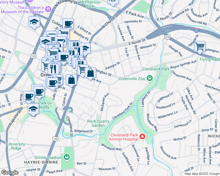 map of restaurants, bars, coffee shops, grocery stores, and more near 85 Doctor David C Francis Street in Greenville