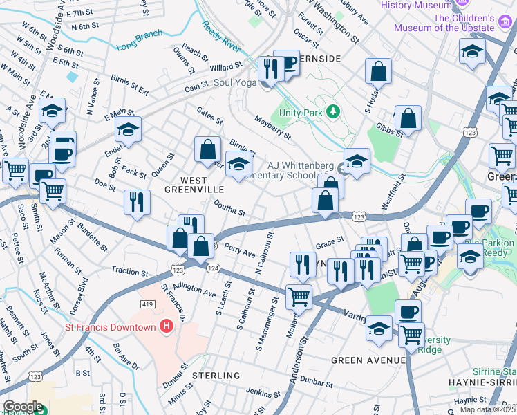 map of restaurants, bars, coffee shops, grocery stores, and more near 200 North Leach Street in Greenville