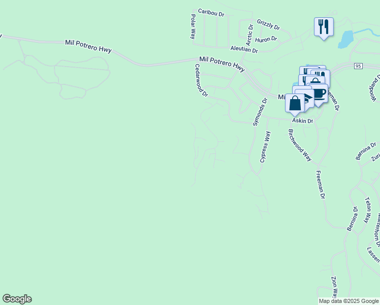 map of restaurants, bars, coffee shops, grocery stores, and more near 2205 Fernwood Drive in Pine Mountain Club