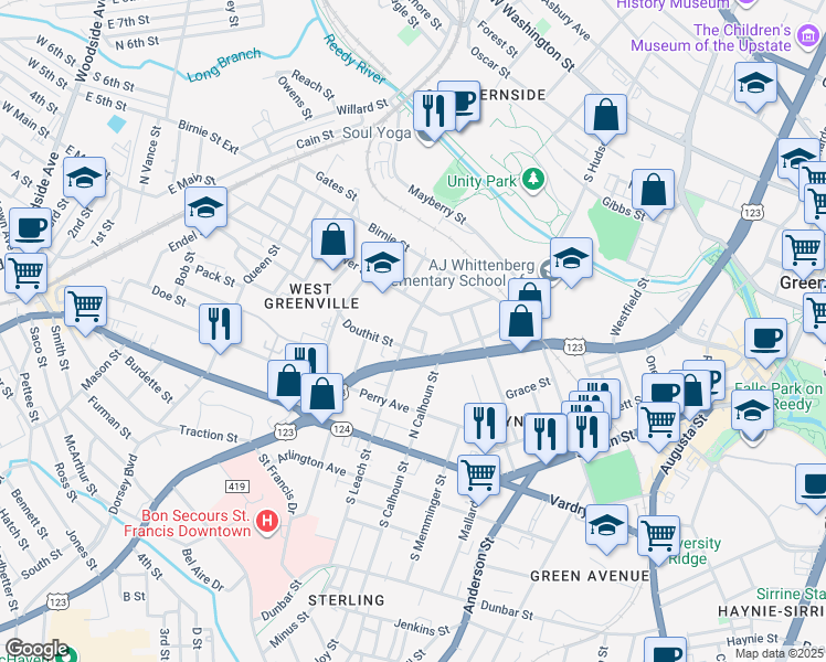 map of restaurants, bars, coffee shops, grocery stores, and more near 200 North Leach Street in Greenville