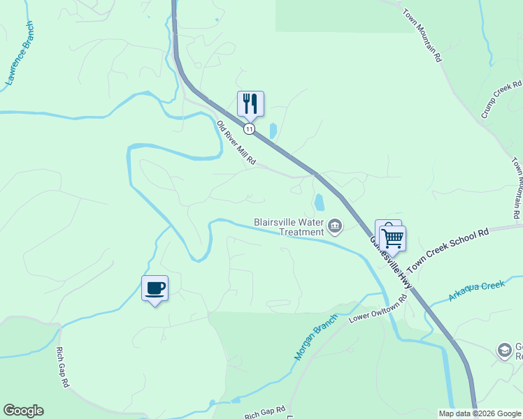 map of restaurants, bars, coffee shops, grocery stores, and more near 174 Holly Drive in Blairsville