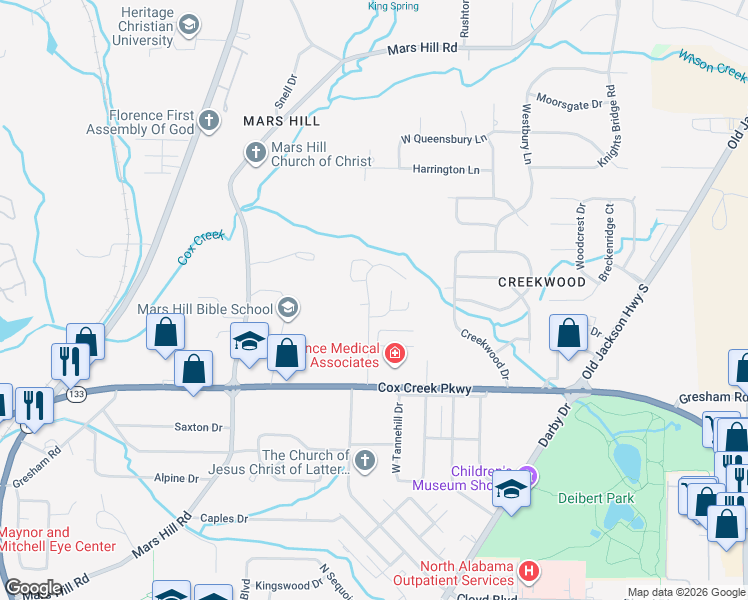 map of restaurants, bars, coffee shops, grocery stores, and more near 203 Birch Terrace in Florence