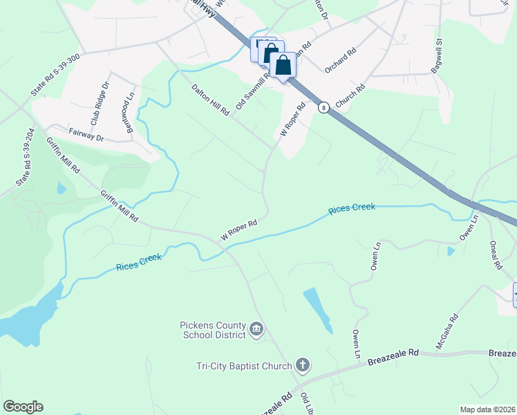 map of restaurants, bars, coffee shops, grocery stores, and more near 424 West Roper Road in Easley
