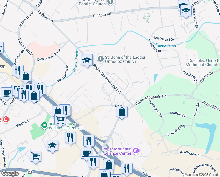map of restaurants, bars, coffee shops, grocery stores, and more near 4 Windthistle Drive in Greenville