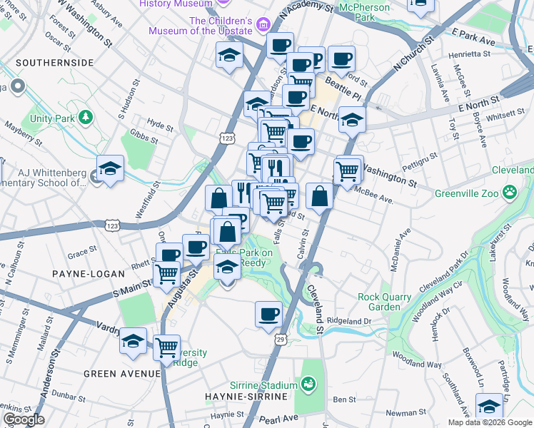 map of restaurants, bars, coffee shops, grocery stores, and more near 355 South Main Street in Greenville