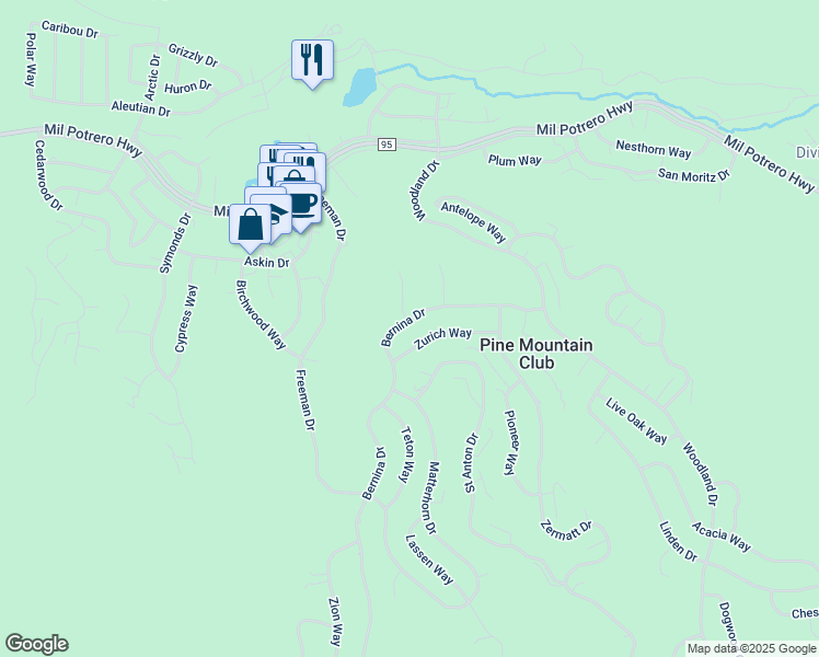 map of restaurants, bars, coffee shops, grocery stores, and more near 2208 Bernina Drive in Pine Mountain Club