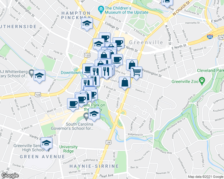 map of restaurants, bars, coffee shops, grocery stores, and more near 213 Falls Street in Greenville