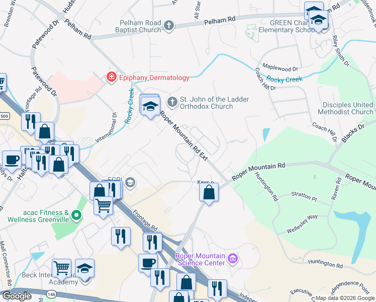 map of restaurants, bars, coffee shops, grocery stores, and more near 4 Windthistle Drive in Greenville
