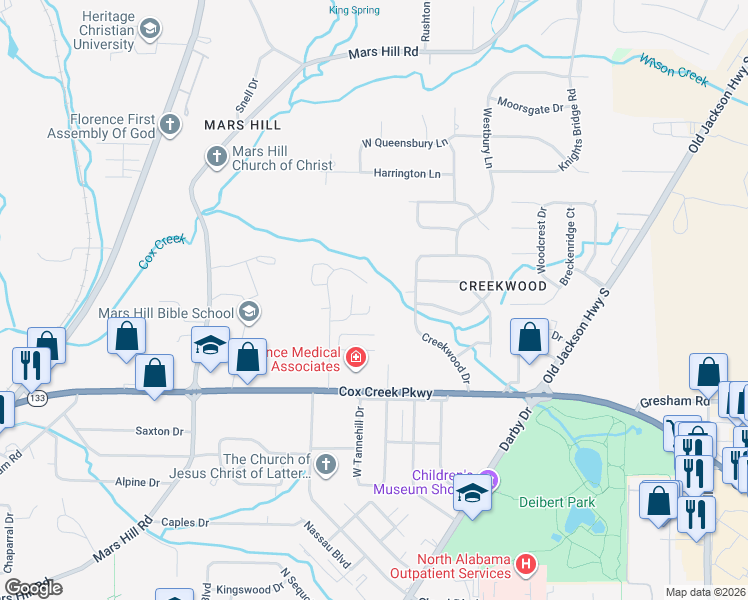 map of restaurants, bars, coffee shops, grocery stores, and more near 104 Tree Top Point in Florence