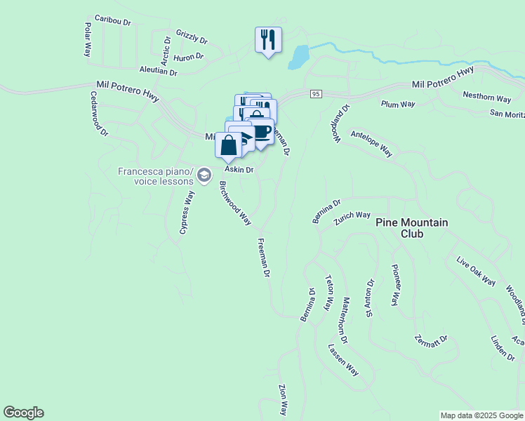 map of restaurants, bars, coffee shops, grocery stores, and more near 2204 Freeman Drive in Pine Mountain Club