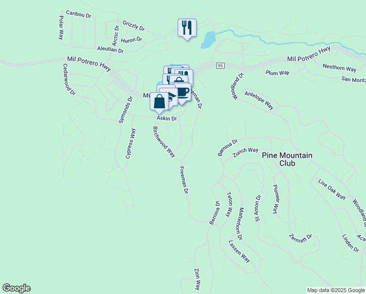 map of restaurants, bars, coffee shops, grocery stores, and more near 2204 Freeman Drive in Pine Mountain Club